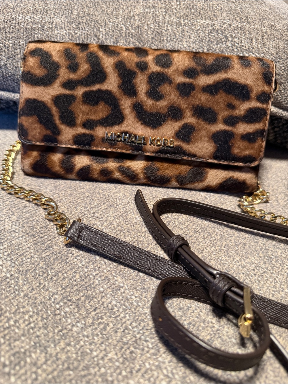 Michael Kors Leopard Print Crossbody Clutch in Brown and Black with Gold Chain